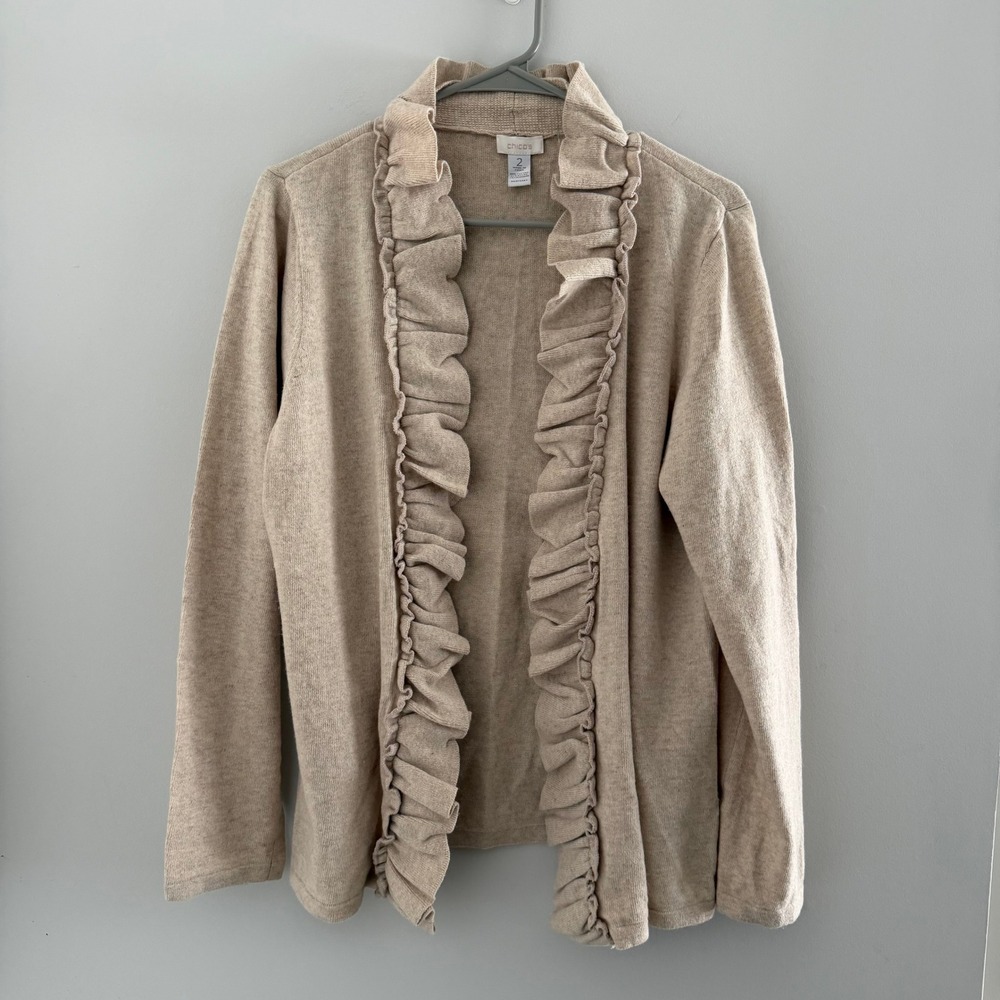 Chicos Ruffle Trim Open Front Cardigan Beige Cotton Cashmere Blend Size 2 Large